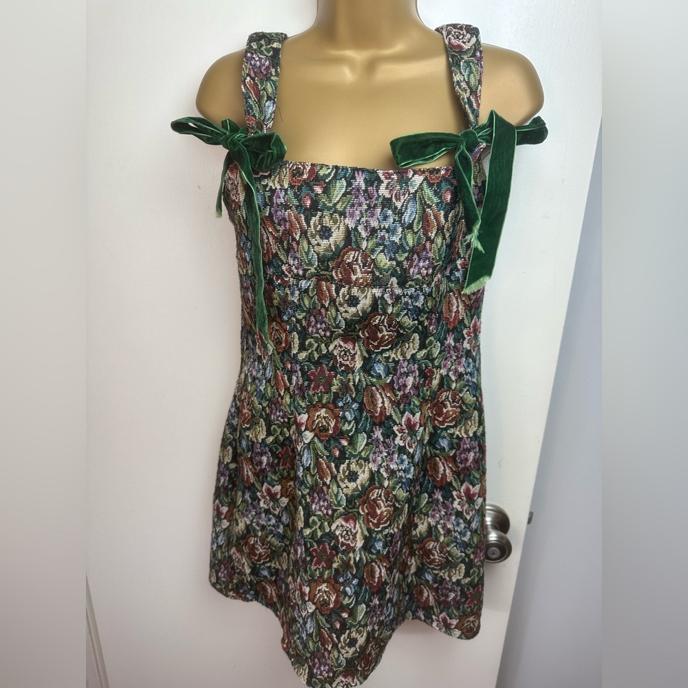 Dolls Kill Floral Tapestry Mini Dress with Green Velvet Ties